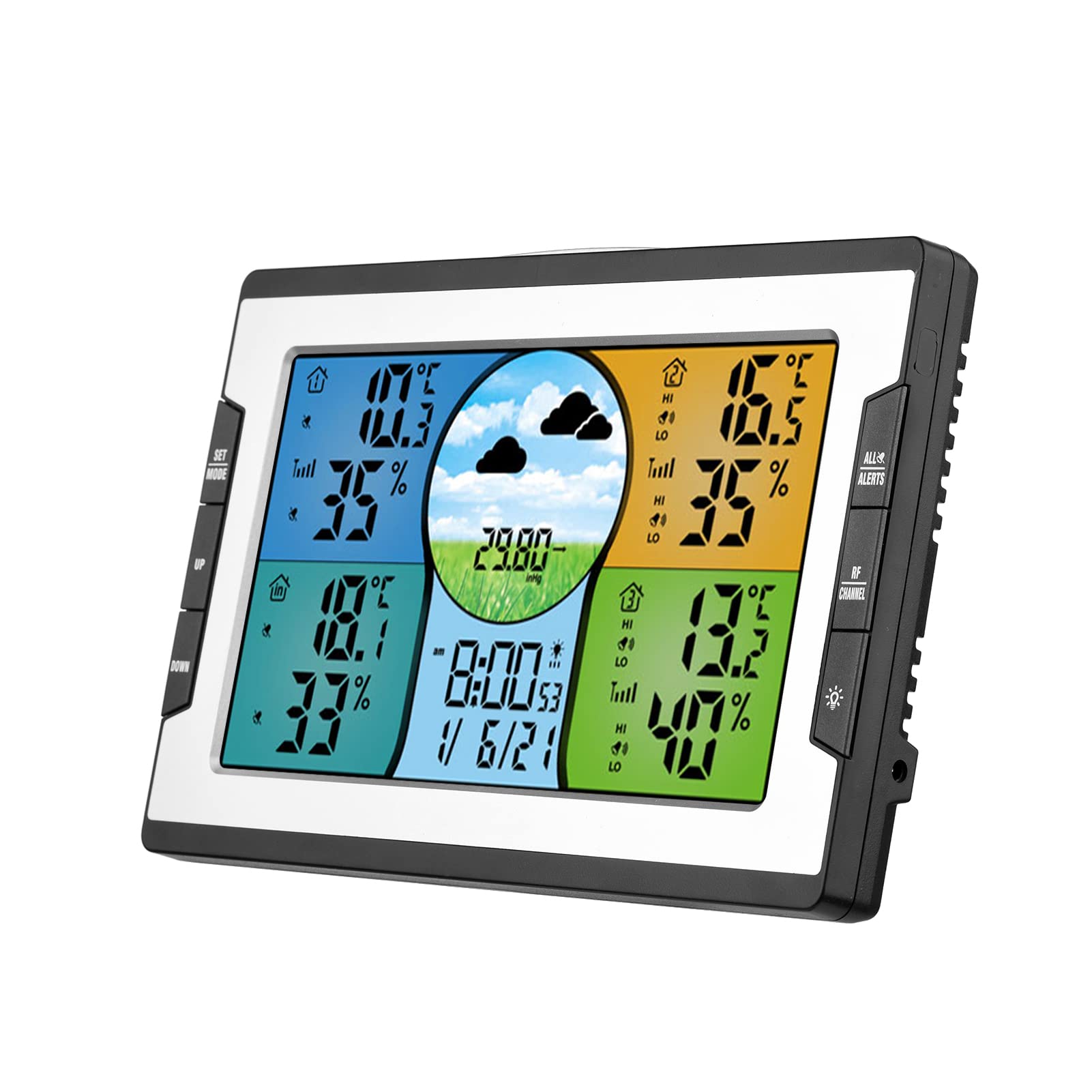 Stazione Meteorologica Termometro per Interni Ed Esterni Termoigrometro Monitor per umidità e Temperatura Schermo a Colori da 7,4 Pollici 3 Sensori Remoti Sveglia Snooze