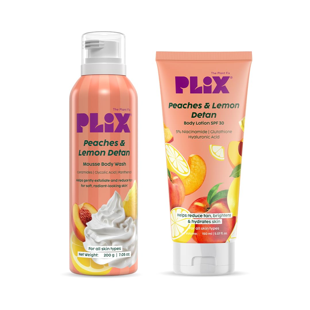 Plix Peaches & Lemon De-Tan Body Care Duo | Mousse Body Wash & Brightening Body Lotion With SPF 30 for Smooth, Hydrated Skin-image-3