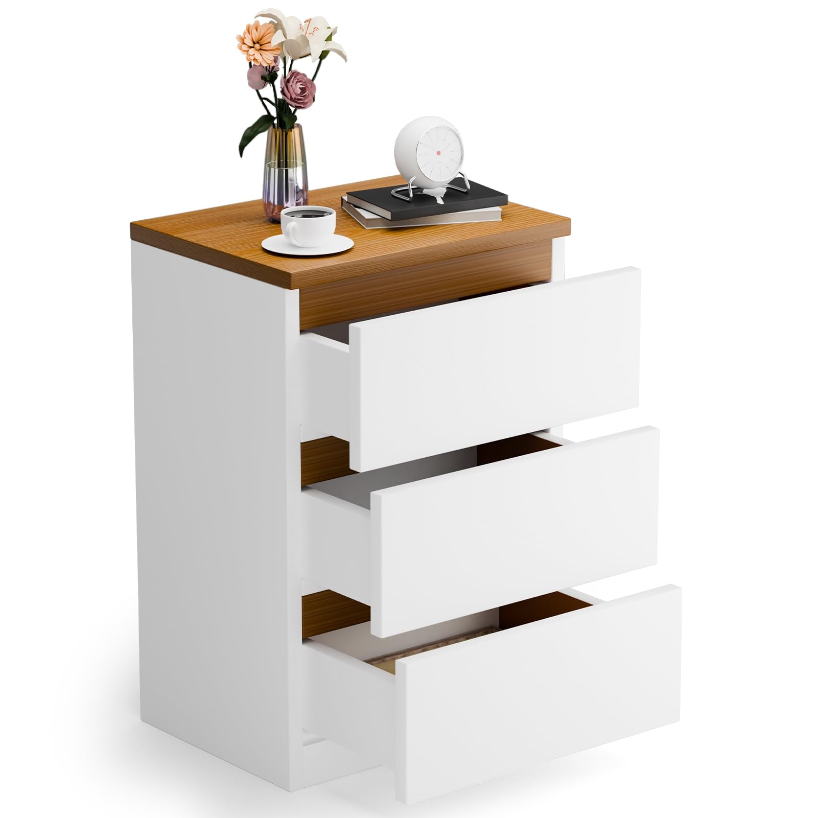 yulewiix - Mesita de noche, rústica con 3 cajones, mesita de noche de madera para salón, color blanco
