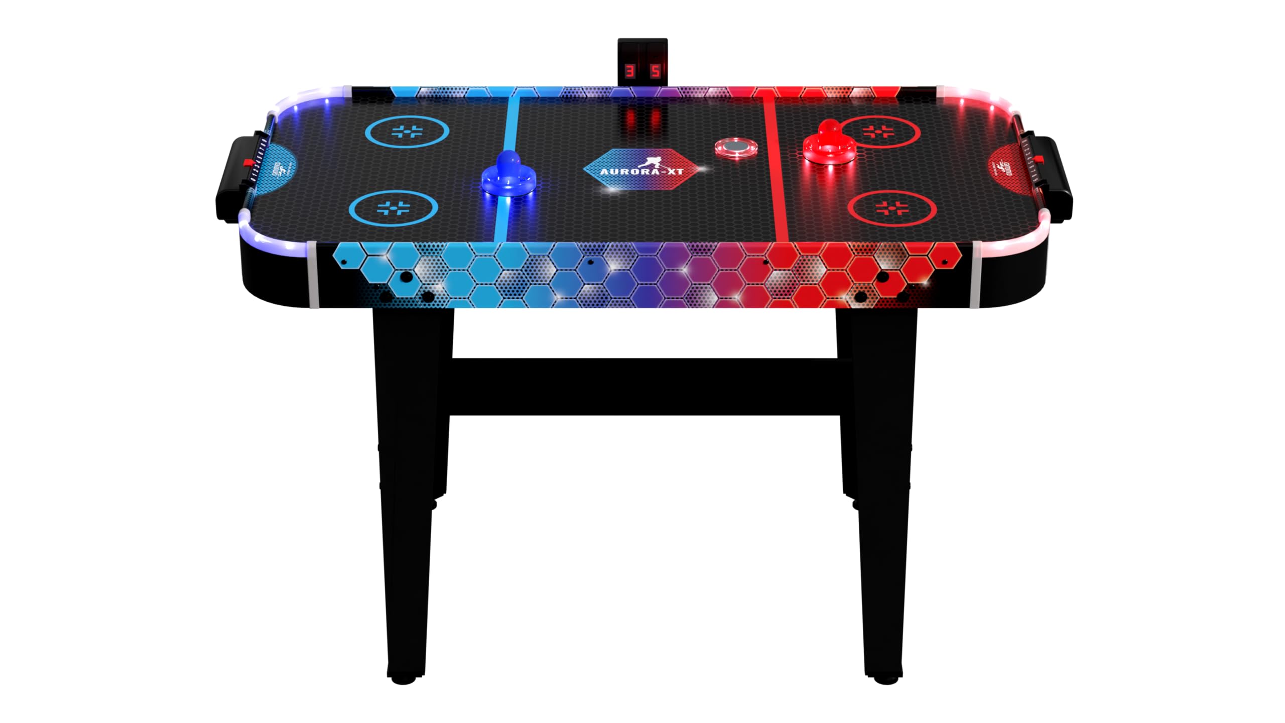 Carromco Aurora-XT Grande Table de Jeu pour Enfants/Adultes avec air 131 x 62 x 79 cm, pour 2 Joueurs à partir de 7 Ans, avec poussoirs et palets de Hockey sur air à LED