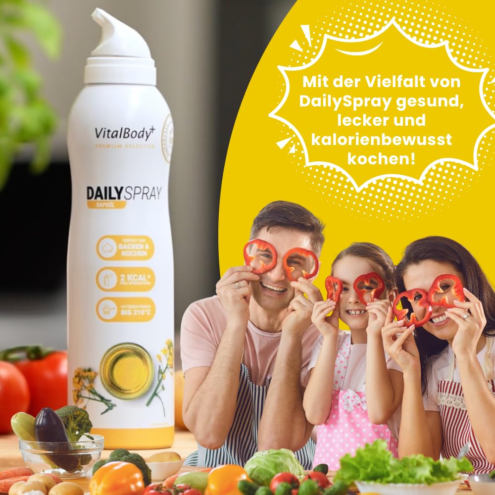 VitalBody+ DailySpray Probierpaket, 6er Pack – 2 kcal Ölspray für Airfryer, Braten & Grillen – Kalorienarm Kochen – Non-stick Cooking Spray, 4800 Portionen