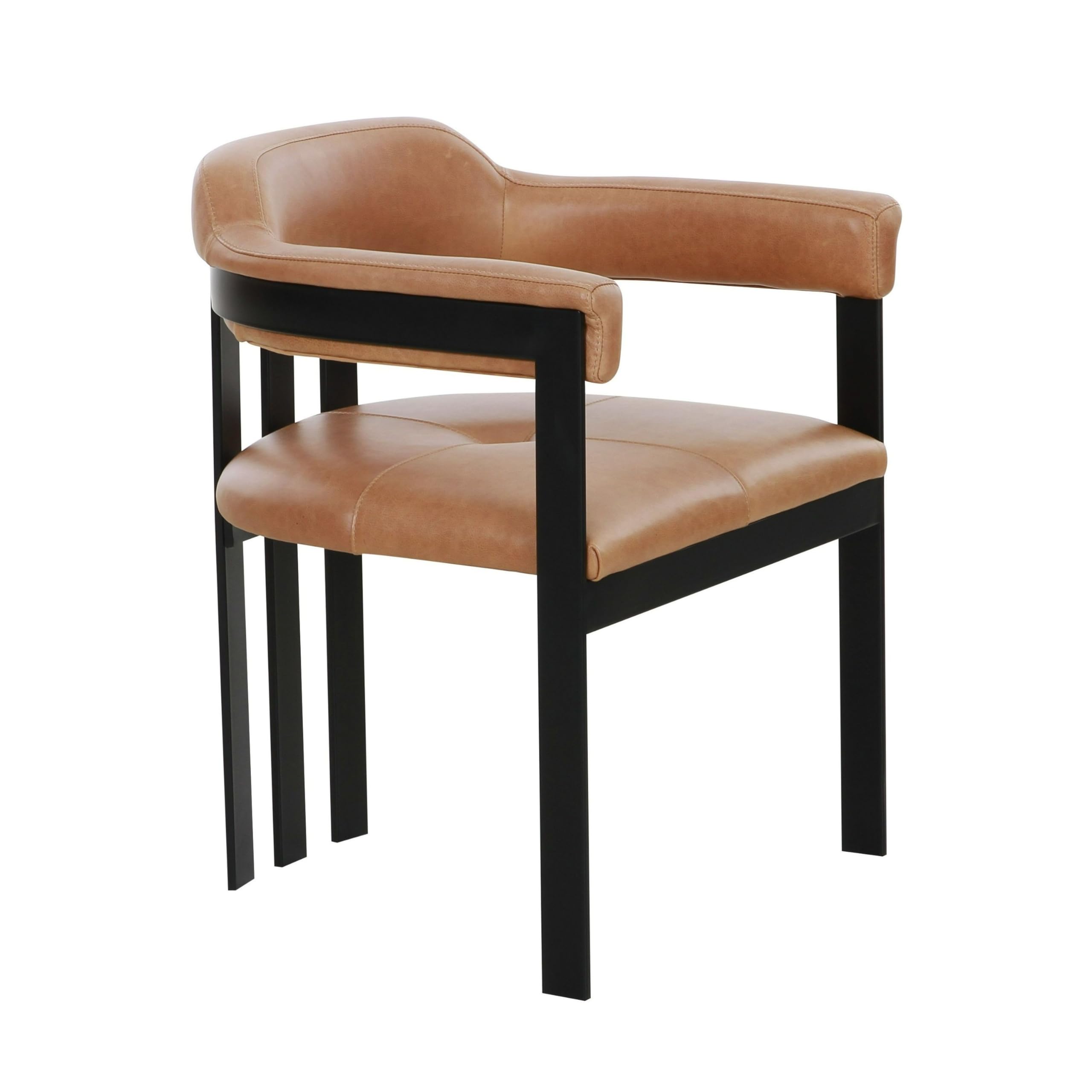 Benjara Anta Dining Chair, Iron Slatted Back, Plush Leather, Brown and Black