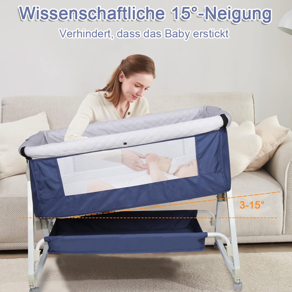 Cuna 3 en 1 de Viaje con Ruedas y colchón,Cuna colecho pórtatil Regulable en Altura a 5 velocidades, Cuna con Bolsillo Lateral de Transporte, para Bebés de 0-5 Meses (95x50x98 - 110cm (azul azafrán))