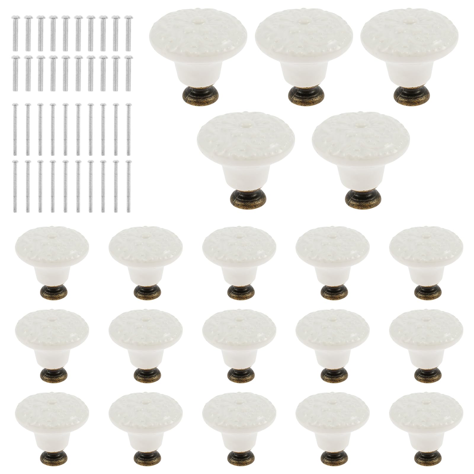 Yjqxmyu White 20Pcs Ceramic Drawer Knobs Set With 40 Screws, Vintage Ceramic Cabinet Knob Set Vintage Drawer Knobs Multipurpose Decorative Dresser Knob Handle For Cabinets Drawers Cupboard Wardrobe (White)