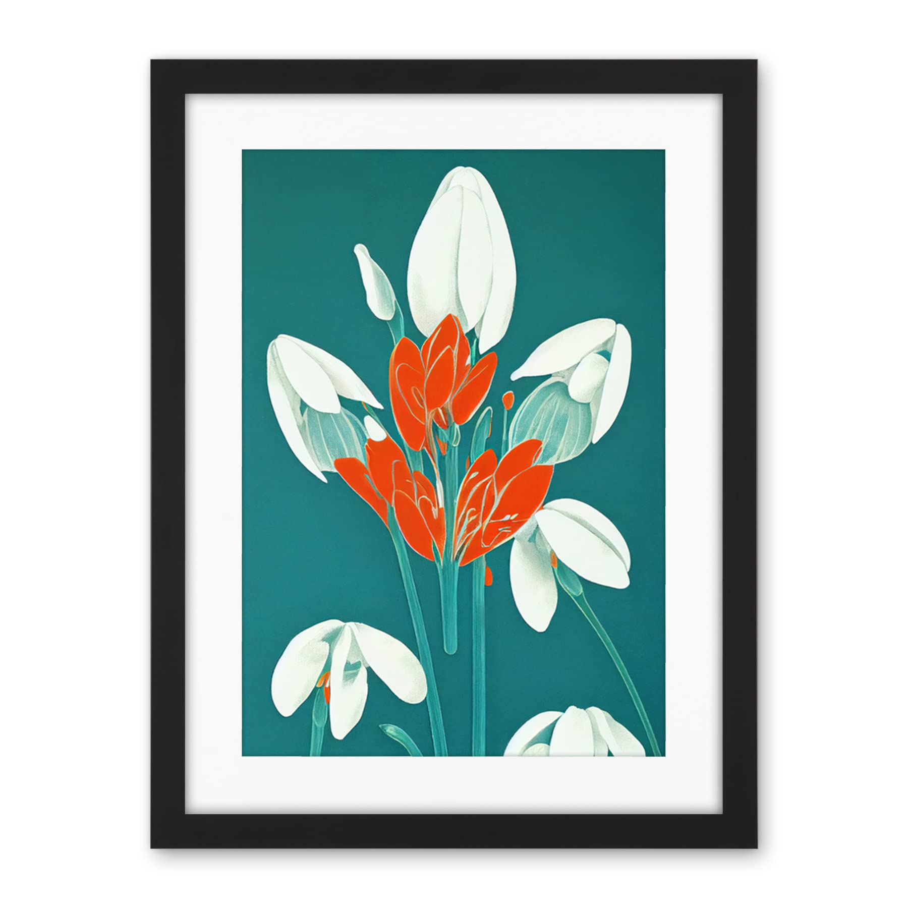 Wee Blue Coo Abstract Snowdrops Red Flowers On Teal Retro Mid Century Style Artwork Framed Wall Art Print 18X24 Inch