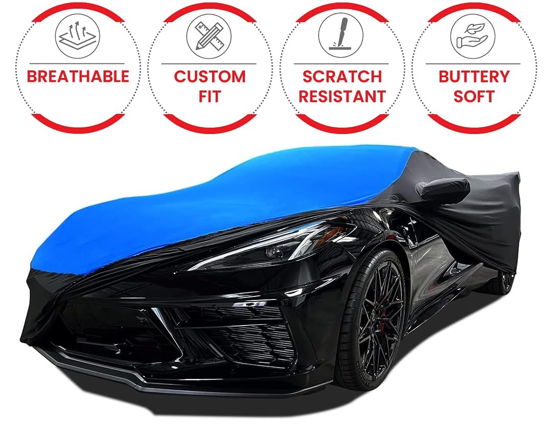 C8 Corvette Custom Fit Car Cover - Indoor Ultraguard Stretch Satin Sport Series - The Ultimate High End for 2020-2025 Stingray, Z06, Z51, E-Ray Corvettes (Blue/Black)