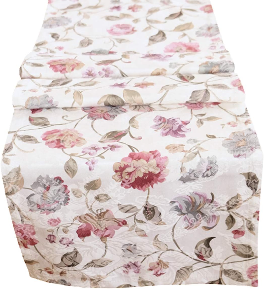 Modern cottage series made of high-quality Jacquard astab-top curtain cushion covers table runner in light natural-coloured with attractive floral print – Country Chic Typ312, Fabric, natur - bunt, Tischläufer 40x150 cm