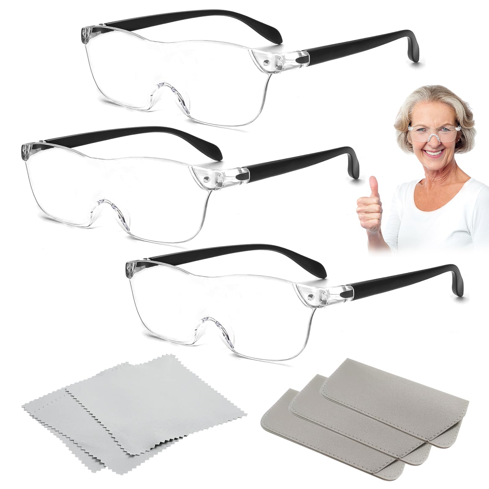 3 Pack Rimless Magnifier Glasses, Hands-Free Readers, 300% 500% 800%