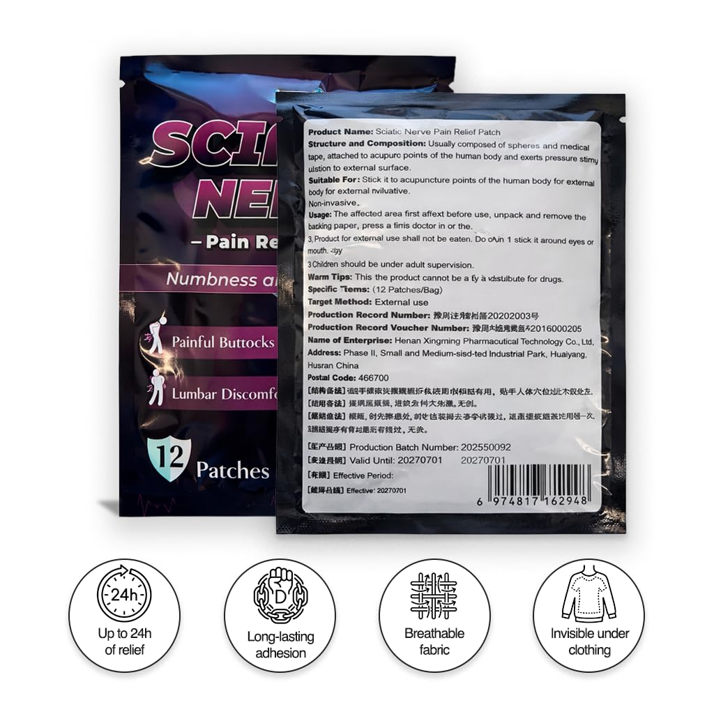 Patch Sciatico 60 Pezzi – Patch Riscaldante per Dolore al Nervo Sciatico, Lombari, Schiena e Articolazioni, Sollievo Muscolare Naturale, Tessuto Traspirante e Flessibile, Formula con Estratti Vegetali