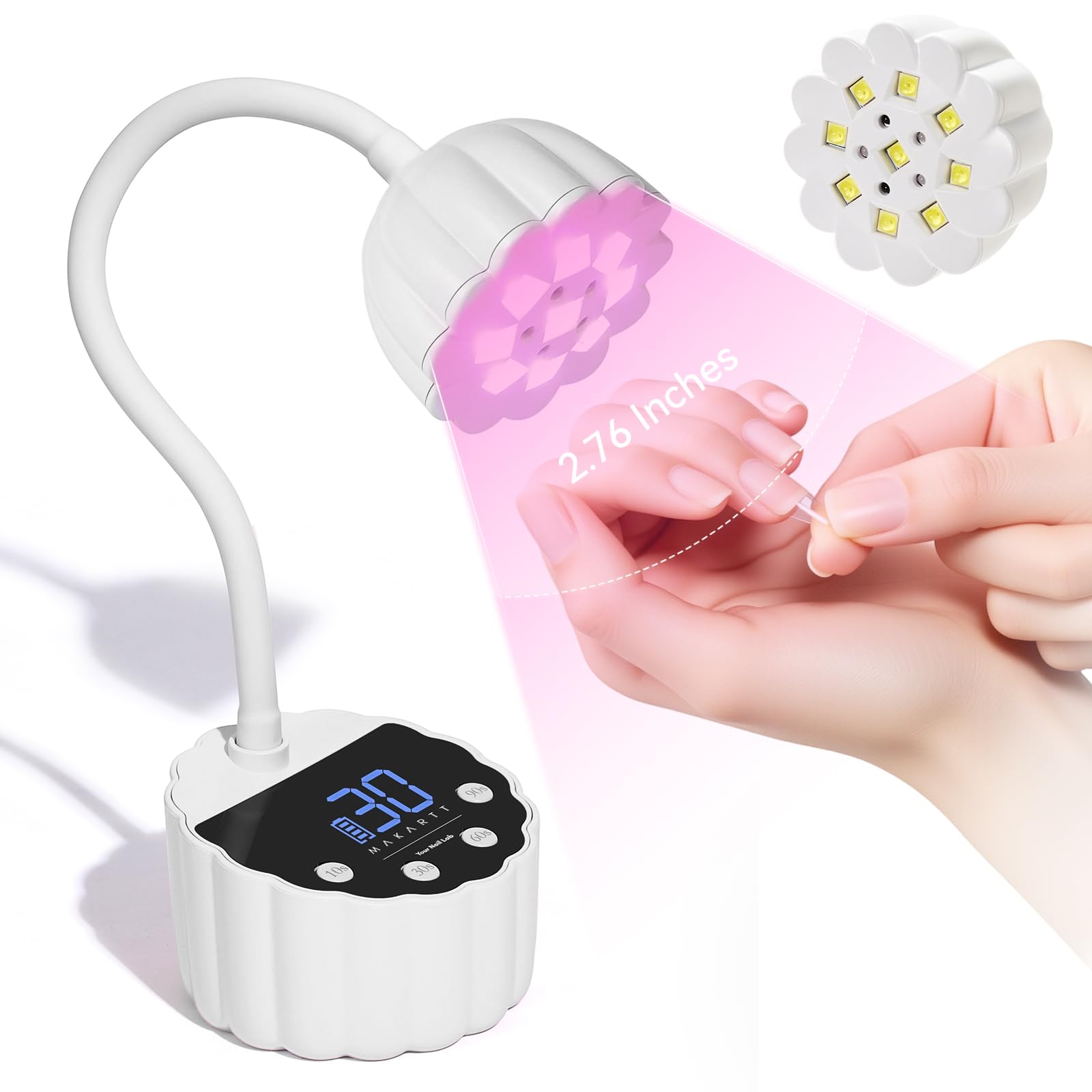 - Makartt UV LED Nail Lamp - Gooseneck 34mW/cm² Flash Cure Lamp Rechargeable UV Light for Gel Nails with 4 Times & Auto Sensor USB Cordless Fast Curing Nail Art Design for Salon Home DIY (White)