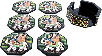 HASTAM Handmade Wooden Handpainted Octagonal Coaster Set of 6 with