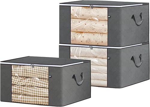 Bolsas de almacenamiento grandes para ropa, paquete de 3 bolsas plegables de almacenamiento de ropa con tapas y asa reforzada, contenedores de