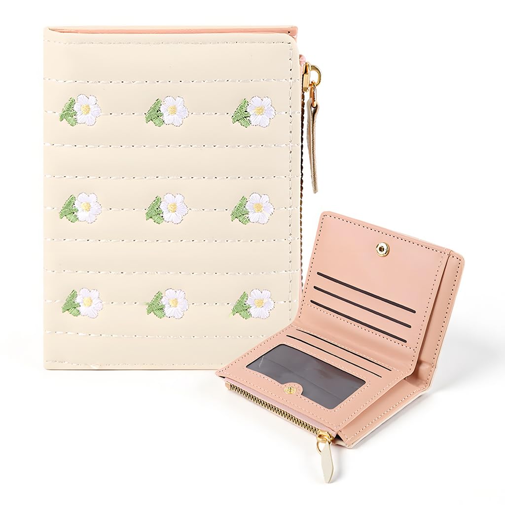 Fashion Women Card Bag Cute Embroidered Flower PU Purse Bag Bi-fold Multi Card Slot Zipper Cash Bag Gift for Women-image-5