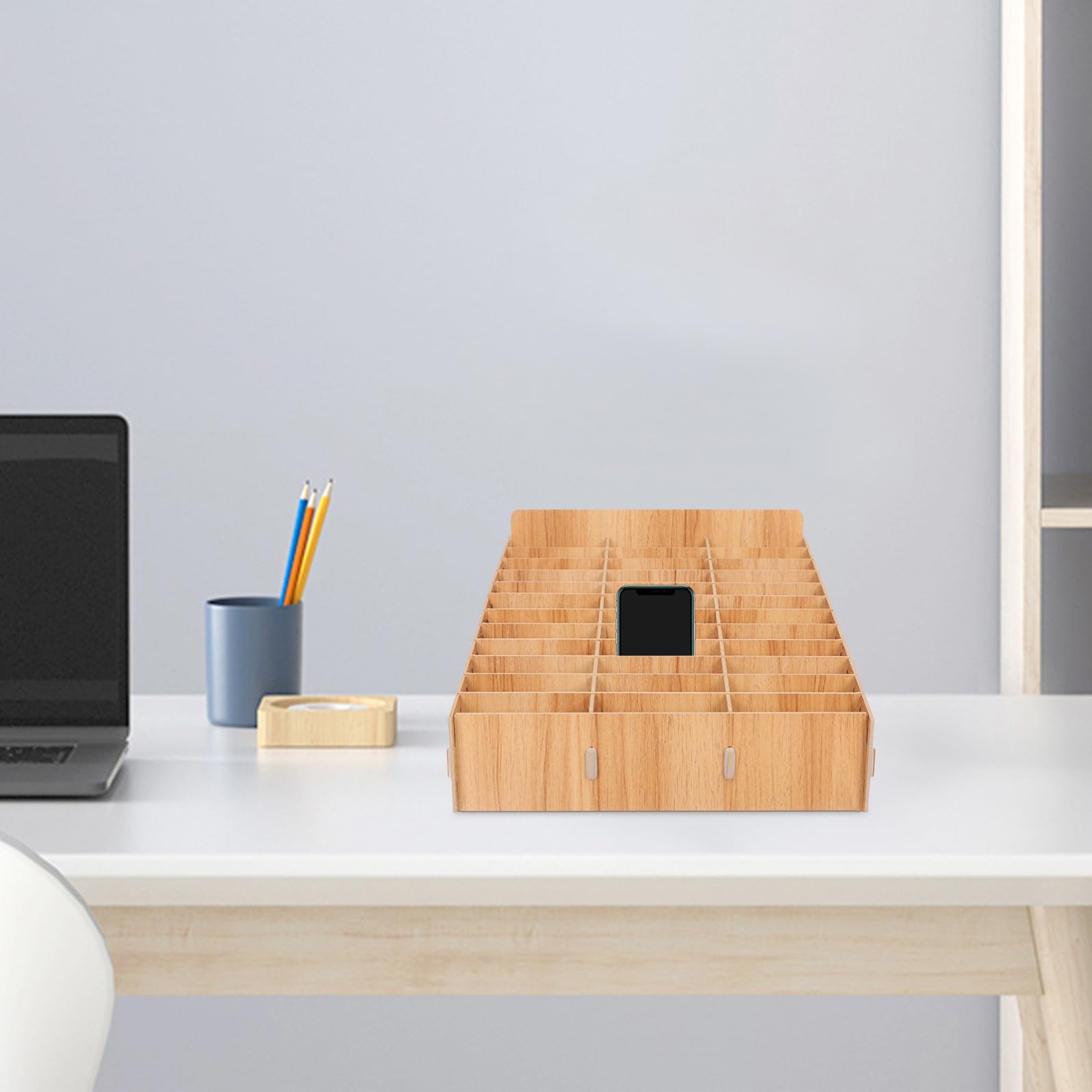 Garneck Scatola Funzionale di Gestione del Telefono e Gestione del Telefono in Legno Scomparti Multipli Grande Capacità Design Elegante per Decorazioni Scuola, Organizer Scrivania Ufficio