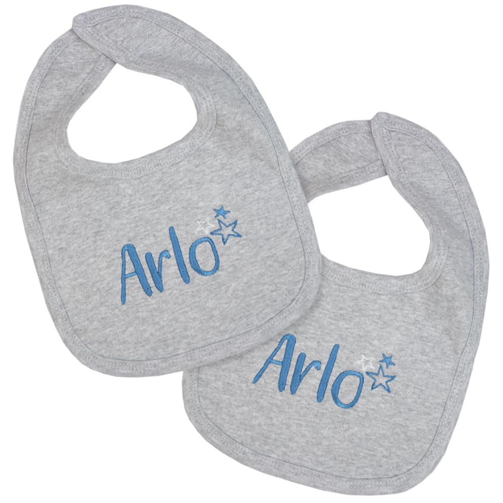 TeddyT's Personalised Baby Boys Grey Cotton Bib with Stars Embroidery (2 Bibs)
