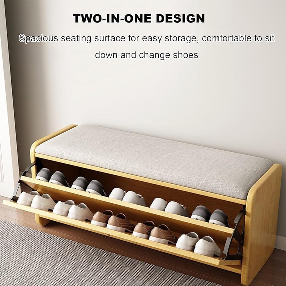 Zapatero moderno de madera con banco, 2 puertas abatibles y asiento acolchado, zapatero Slish para entrada, pasillo, dormitorio (blanco, 60 cm)
