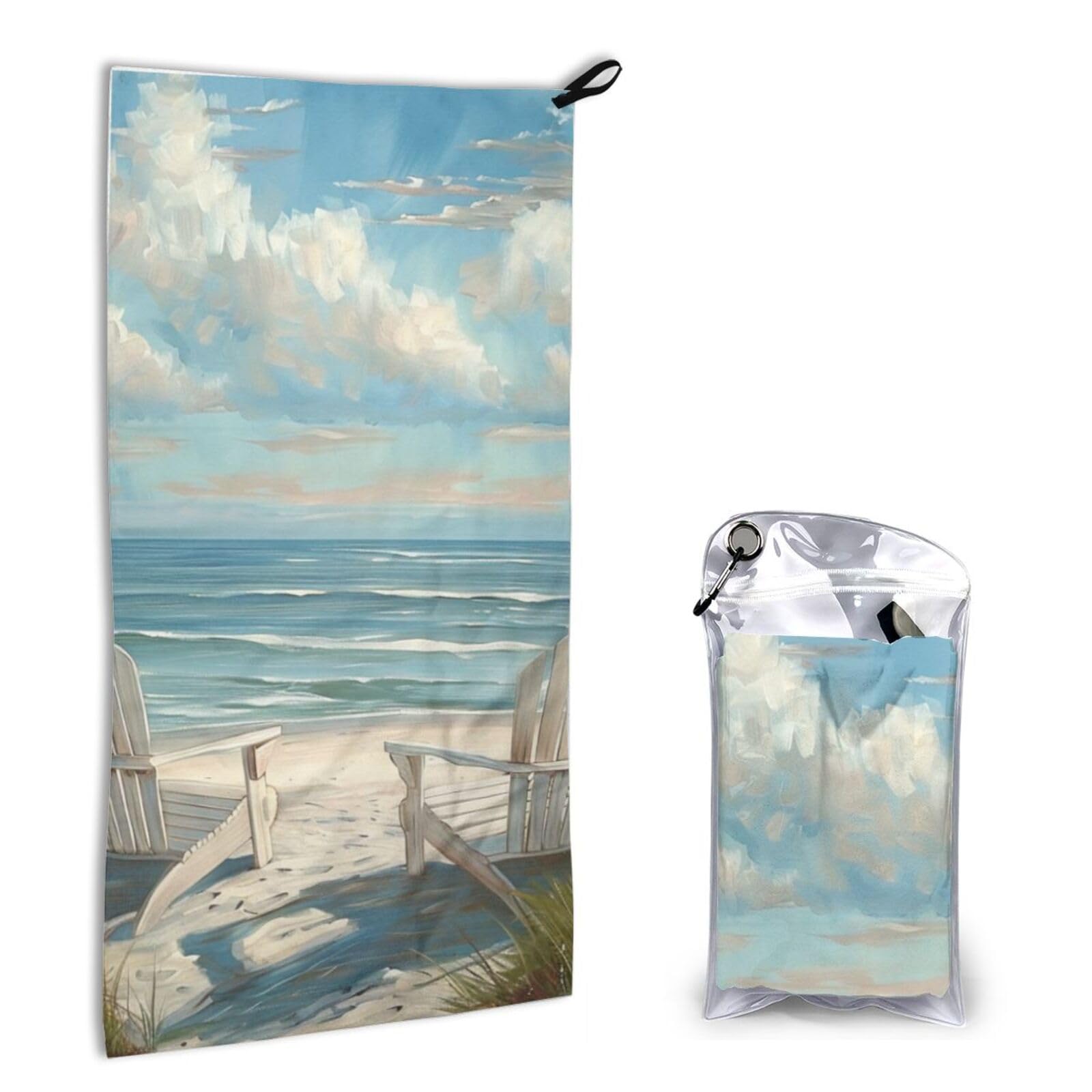 BWWHCCTI Quick Dry Hand Towel With Bag - beach scene with chairs Printed Super Absorbent Face Cloth Microfiber Travel Sports Towels 40x80cm