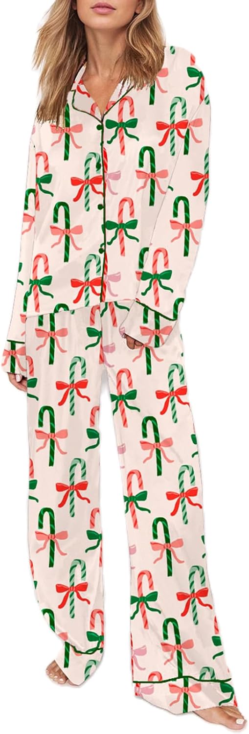 Womens Silk Satin Pajama Set Y2k Christmas Nutcracker Long Sleeve Shirt Tops and Wide Leg Pants Sleepwear