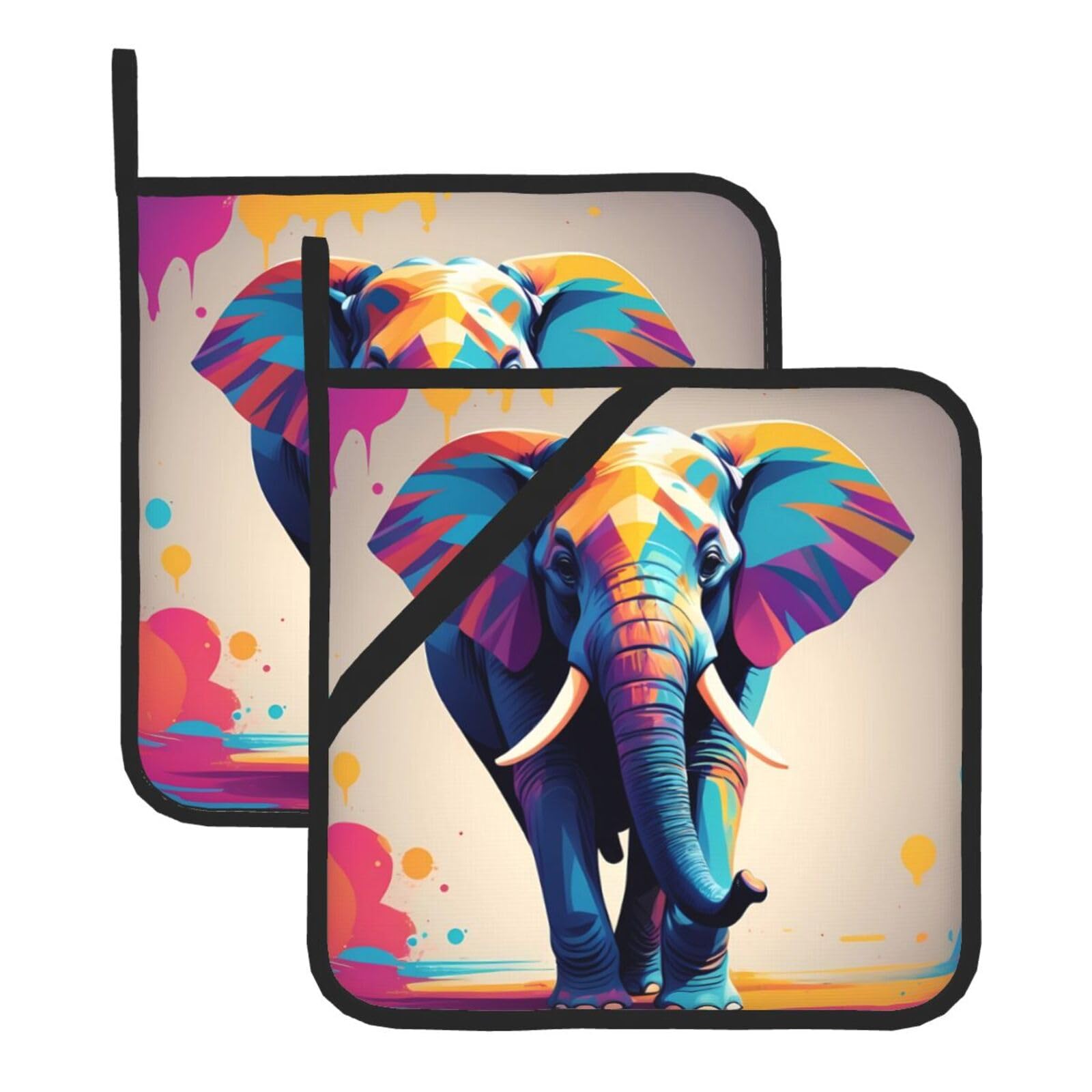 HJFCZH Colorful Elephant Printed Square Insulated Pot Mat Set (2-Piece) 8x8in Waterproof, Thickened & Easy to Clean with Lanyard Design for Kitchen, Oven & BBQ