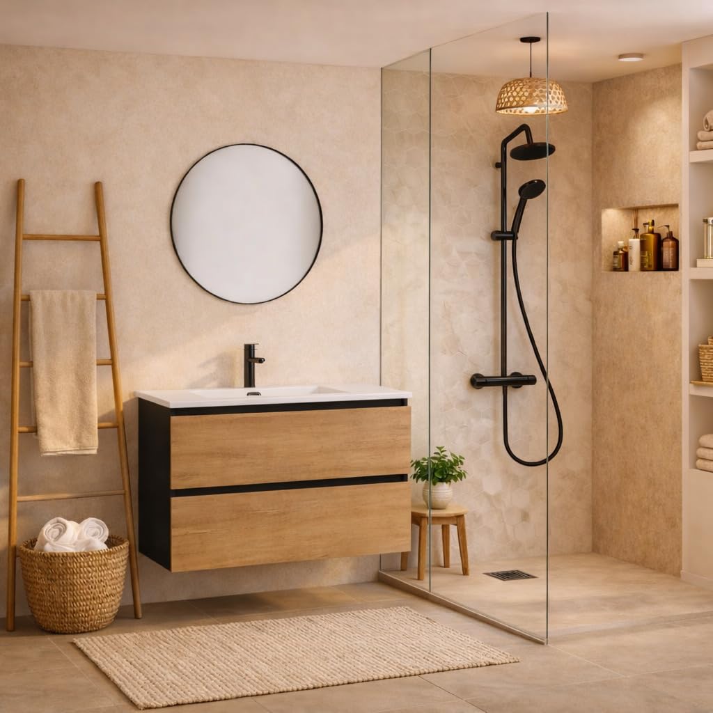 Baikal Mueble de Baño Lia. Mueble MONTADO. 2 Cajones Suspendido con Lavabo Ceramico. Armario de Baño. Cierre Amortiguado. Altura 64cm. 90cm. Negro - Nature