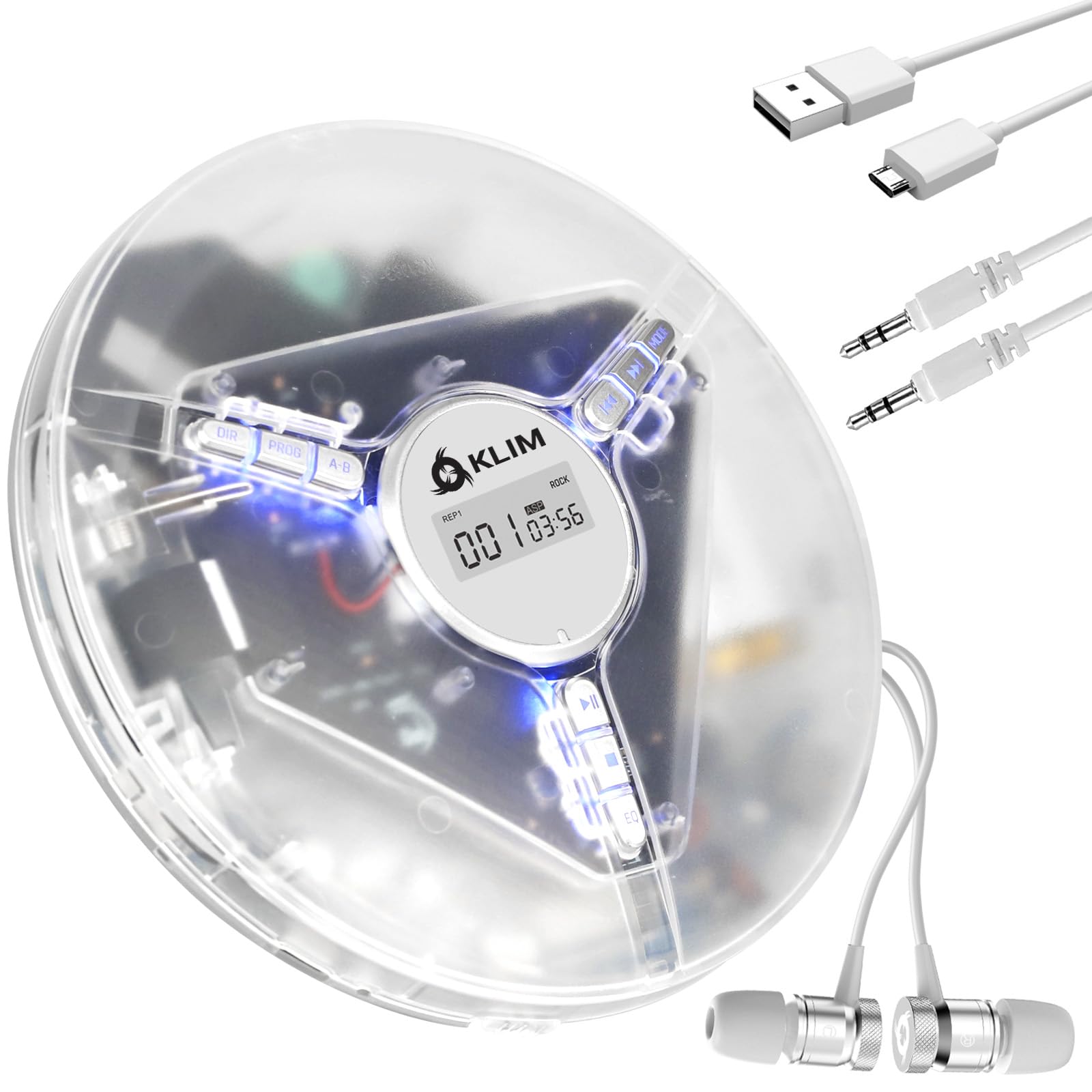 KLIM Discman Portable CD Player with Headphones, Built-in Battery - New - CD Players for Home Car - Compatible with SD Card CD CD-R CD-RW MP3 WMA - 5 EQ Effects -