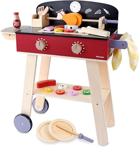 Pillowhale Juego de barbacoa de madera, juego de cocina para niños, accesorios de cocina al aire libre con herramientas de comida y parrilla, regalo