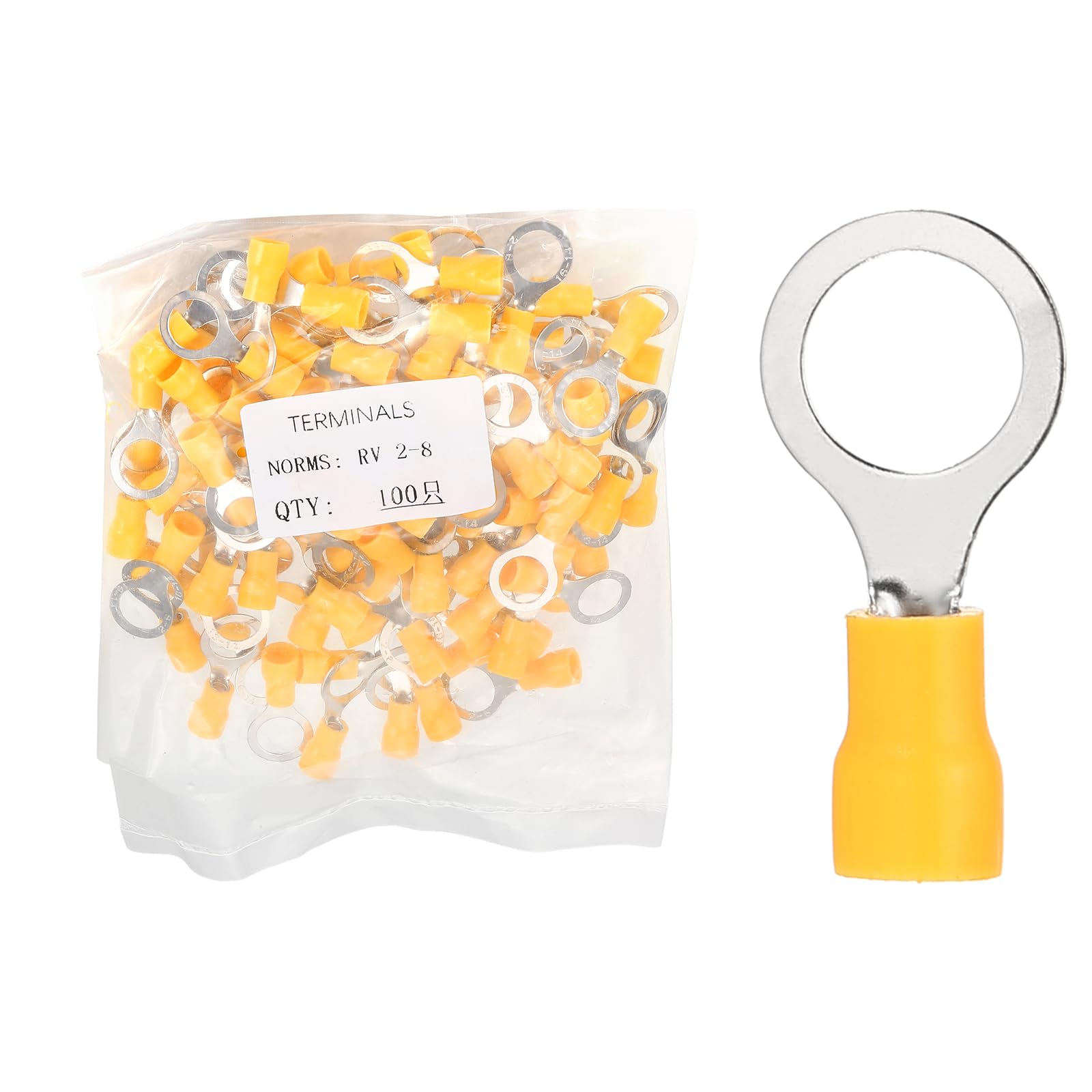 sourcing map 100pcs Terminals Ring Connectors #5/16" Tinned Copper Insulated Ring Crimp Terminals 16-14 Gauge for Electrical Industrial Chemical Project, Yellow