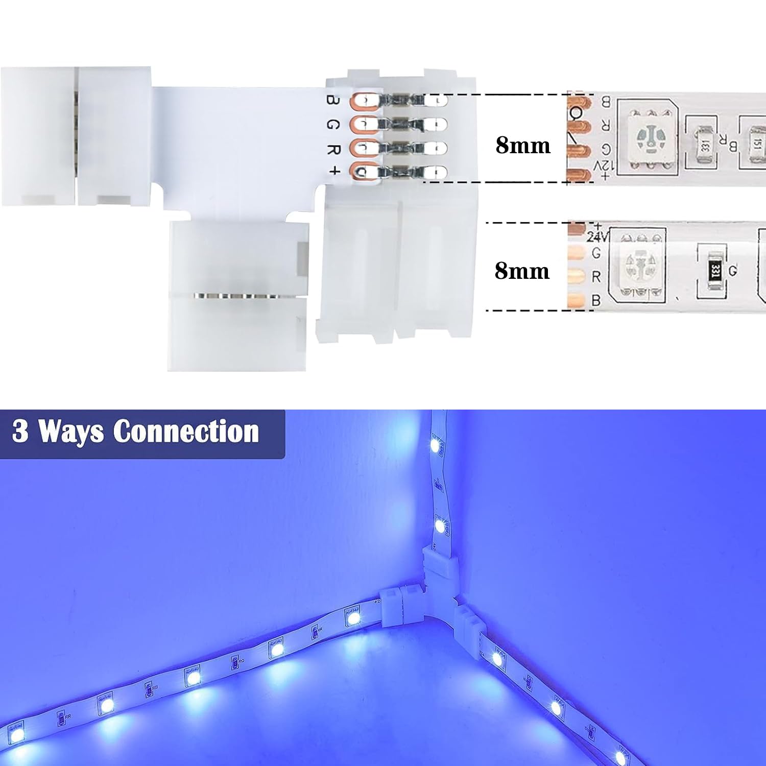6 Connettori A T Per Strisce LED RGB, 4 Pin, 8mm, Angolo Retto, Per LED SMD5050, Nessuna Saldatura, 12-24V - 3