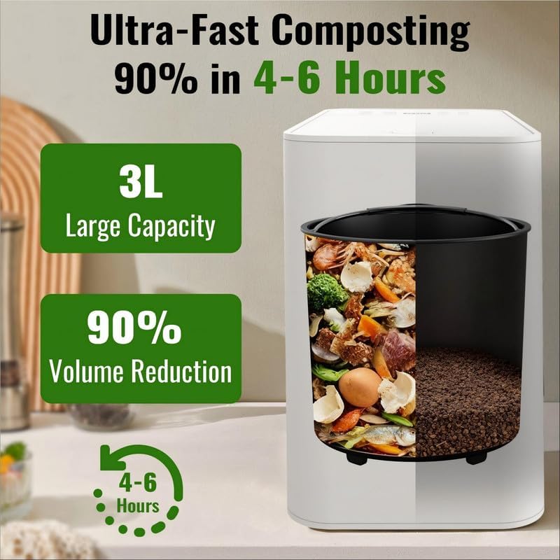 3L Large Capacity Compact Electric Kitchen Composter, Odorless Smart Countertop Compost Bin with Self-Cleaning & Digital Display, Converts Food Waste into Fertilizer in 4-6 Hours for Indoor Use