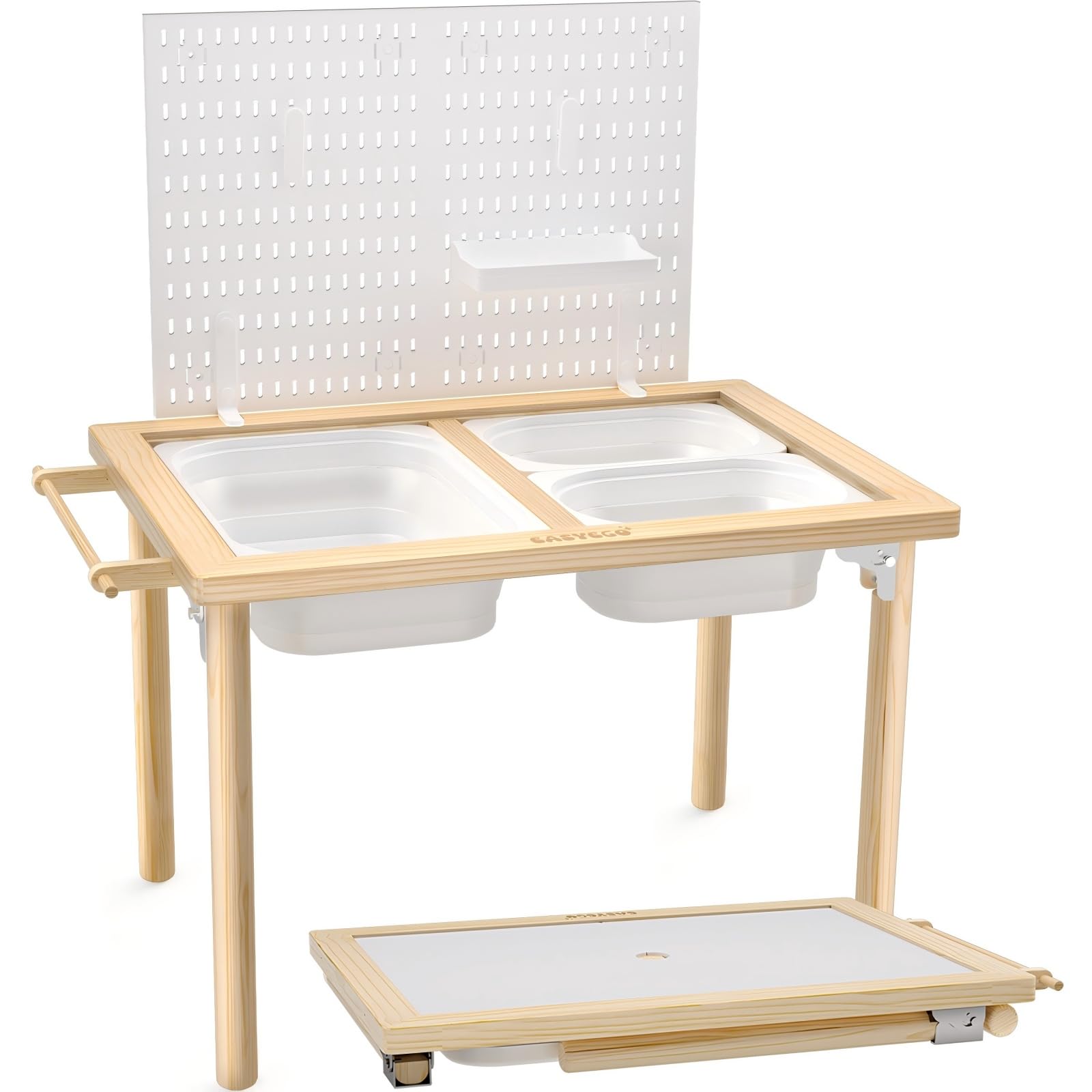 Easyego Sensory Table for Toddlers Kids Play Wooden Sand Water Table with Can DIY Creation Pegboard &amp; Foldable Storage Bins for Indoor and Outdoor Use, Birthday Gifts for Boys and Girls