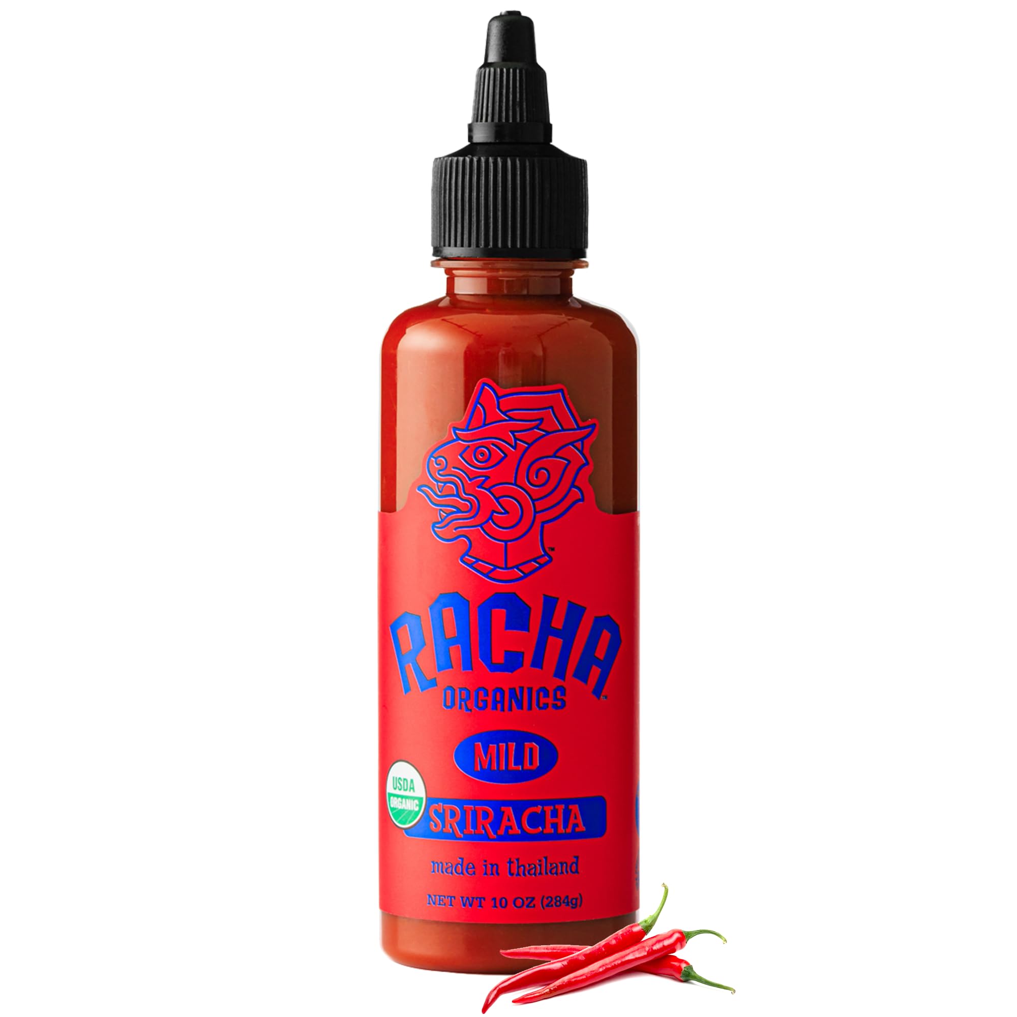 Racha Organics Mild Sriracha Hot Sauce - USDA Organic Sriracha Sauce Made with Estate-Grown Thai Chili Peppers - Low-Sugar, Non-GMO, Gluten Free, Keto Friendly - 10oz - Made in Thailand