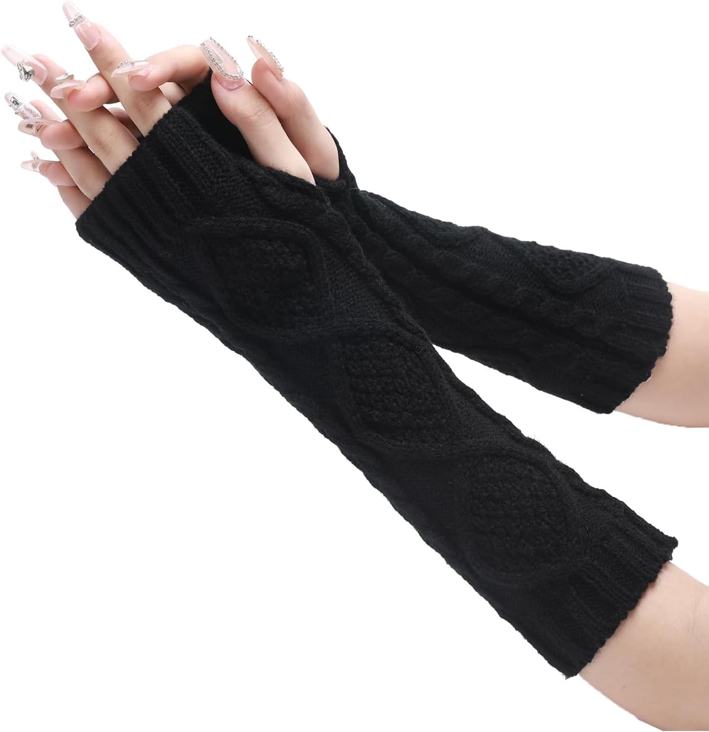 Leoparts Cable Knitted Arm Warmers Thumb Hole Winter Long Fingerless Gloves
