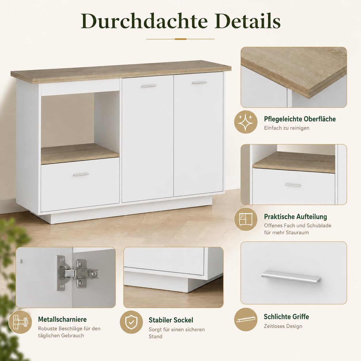 Kücheninsel mit Arbeitsplatte, Küchenschrank mit 1 Schublade, Kücheninsel mit Verstellbare Regale, Buffetschrank, Frühstückstisch, 150 x 91 x 80 cm, MDF, Weiß + Eichenholz