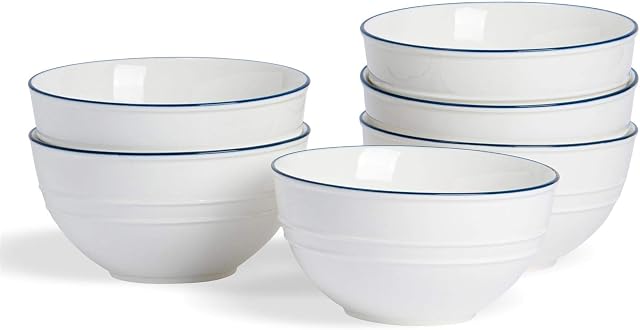 Nicola Spring 6 Piece Country Farmhouse White Breakfast Cereal Bowl Set with Blue Rim - 15cm