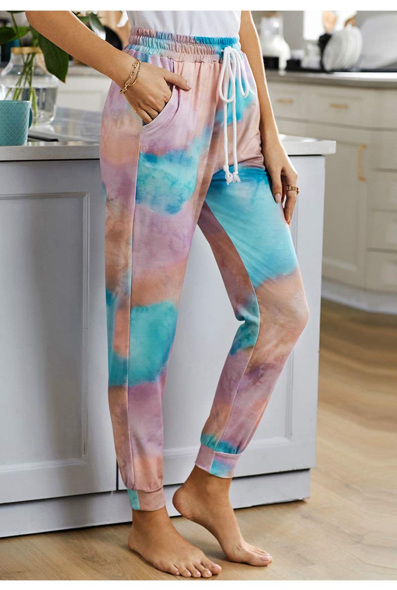 Huixin Spodnie dresowe damskie spodnie sportowe z nadrukiem tie-dye spodnie rekreacyjne sport trening spodnie dresowe z kieszenią na sznurek, Kolor - 5, S