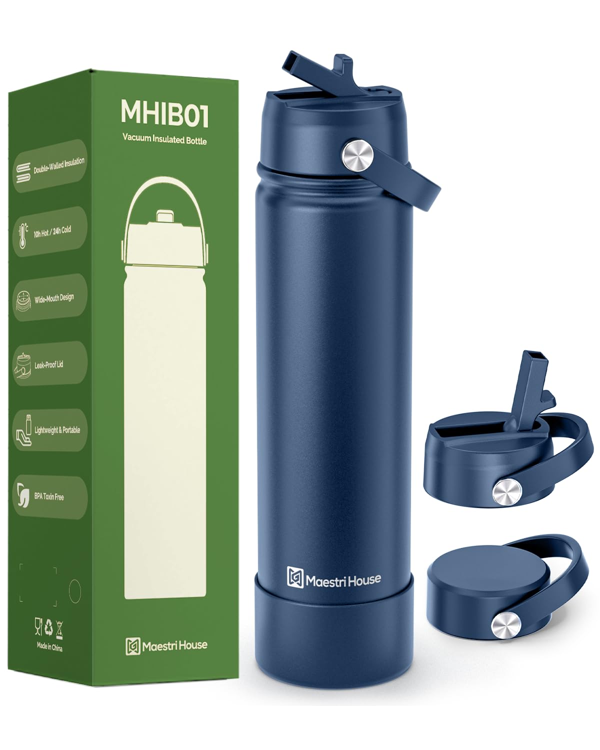 Maestri House 750ml Trinkflasche Edelstahl, Auslaufsicher, Thermosflasche mit 2 Deckeln (Strohhalm & Trinkverschluss), 10h Heiß & 24h Kalt, BPA-frei, Trinkflasche für Sport, Fitness, Outdoor