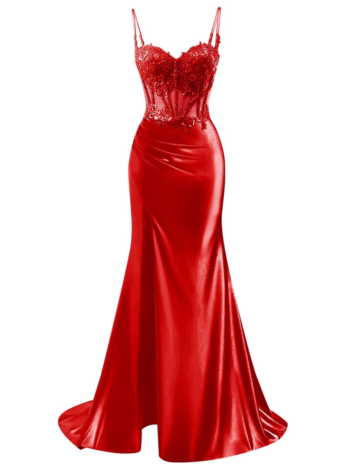 TORYEMY Spaghetti Strap Satin Prom Dress with Slit Lace Appliques Sweetheart Mermaid Long Formal Evening Gown for Women