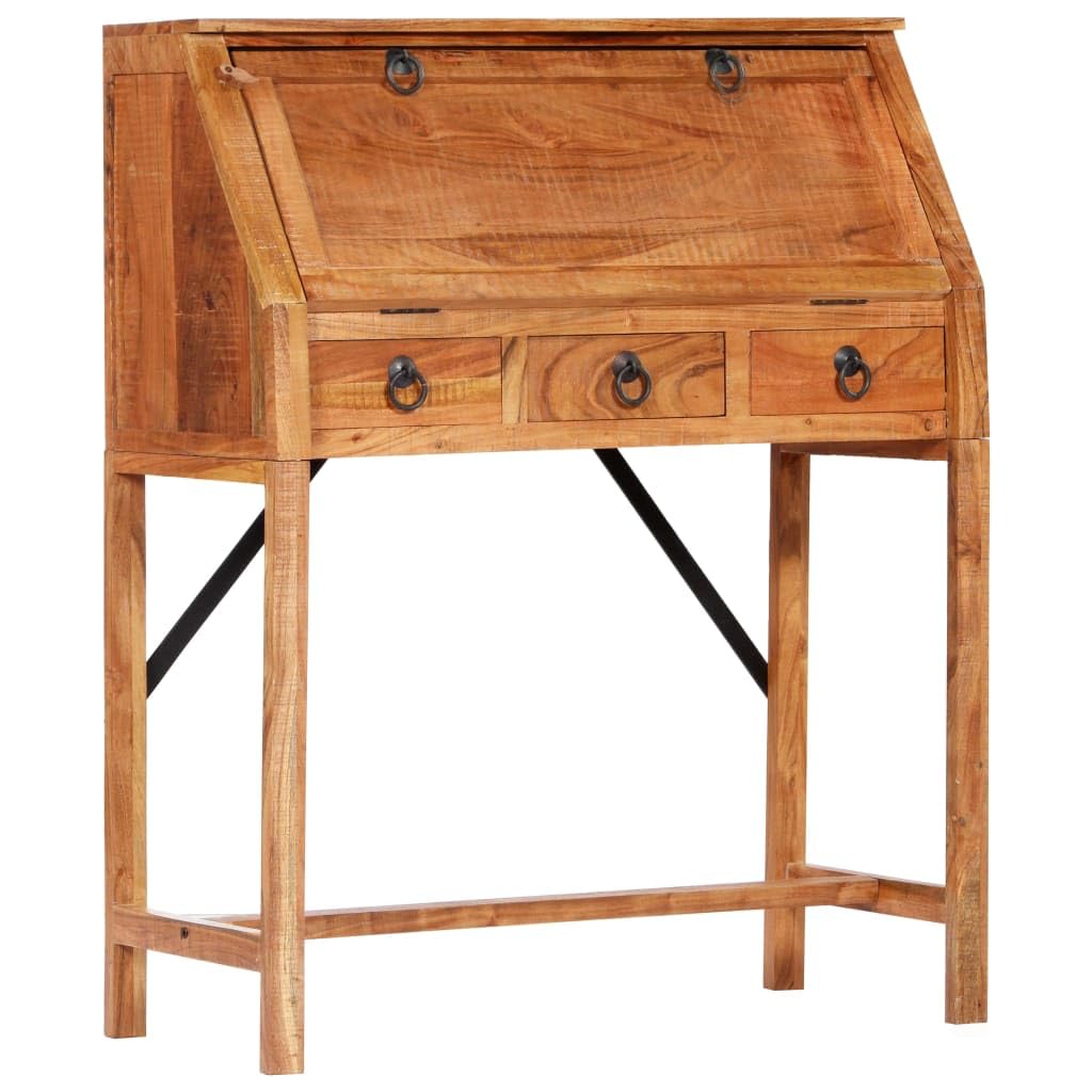 Scrivania in legno massiccio di acacia, 90 x 40 x 107 cm, con cassetti, piano di scrittura pieghevole, libreria, segretario per casa, ufficio, studio, soggiorno, camera degli ospiti