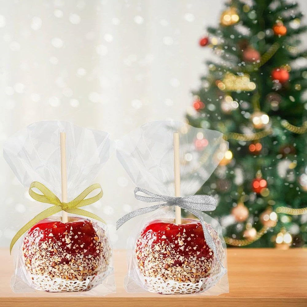 200 Pack Candy Apple Caramel Apple Sticks and Bags,100 Bags,100 Sticks, 50 Yard Gold and Silver Glitter Ribbon Caramel Apple Making kit