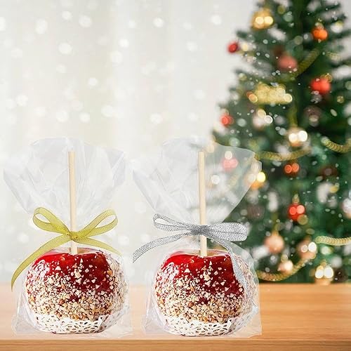 Miniatura 5 de YESTOO Paquete de 200 palitos y bolsas de manzana, caramelo de manzana, 100 bolsas, 100 palitos, 50 yardas de cinta dorada y plateada con purpurina