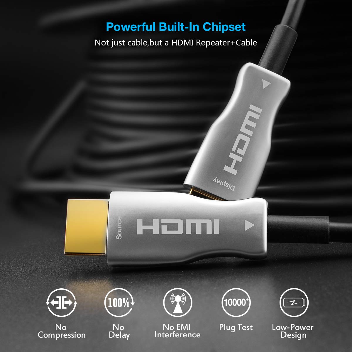 PREMIUMCORD 4K Aktywny Kabel Światłowodowy HDMI 2.0, Ultra High Speed 18 Gbit/s, EDID, ARC, HDR, Resolution 4K@60Hz 2160p, Full HD@240Hz, Kompatybilny z PS5, Xbox, PC, TV, Pozłacany, Długość 40 m