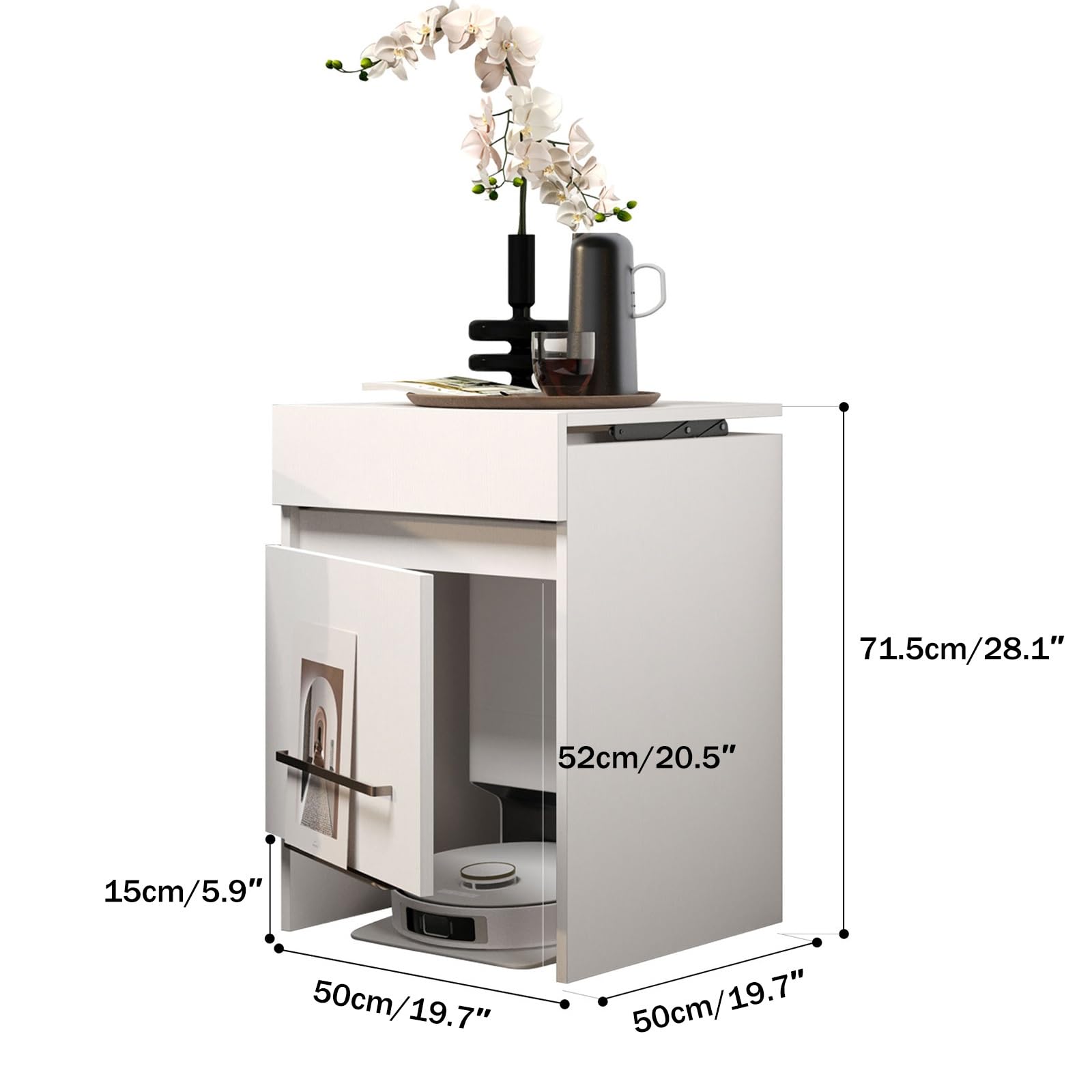 Aspiradora oculta de 71,5 cm, con puertas y puertas, diseño seguro para niños, para aspiradora robótica, fácil de agua, pestaña lateral para sala de estar, cocina, dormitorio (blanco)