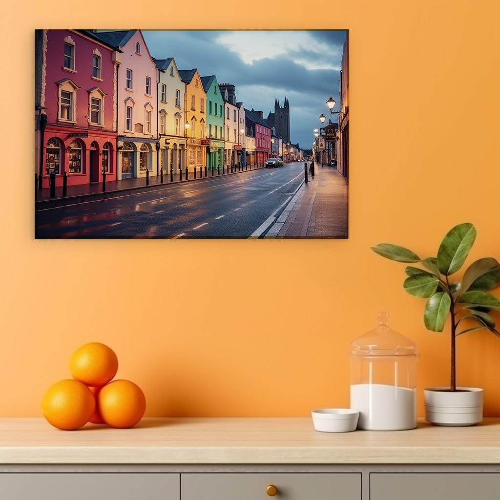 Canvas for Living room. Dusk Descends on a Rain-Freshened Townscape, 27 x 18 inch Canvas Wall Art - Skylines And Cityscapes - Modern Home Decor