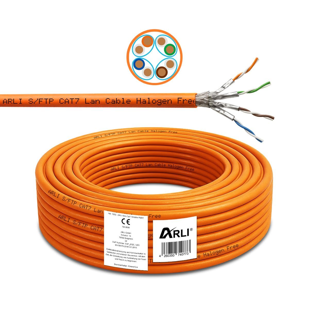 ARLI CAT 7 Verlegekabel 50m Netzwerkkabel CAT.7 + Crimpzange RJ45 Zange + Kabelmesser + 20x Netzwerkstecker Netzwerk Stecker 8 polig Plug LAN Halogenfrei Installationskabel CAT7 Kabel Netzwerk 50 m