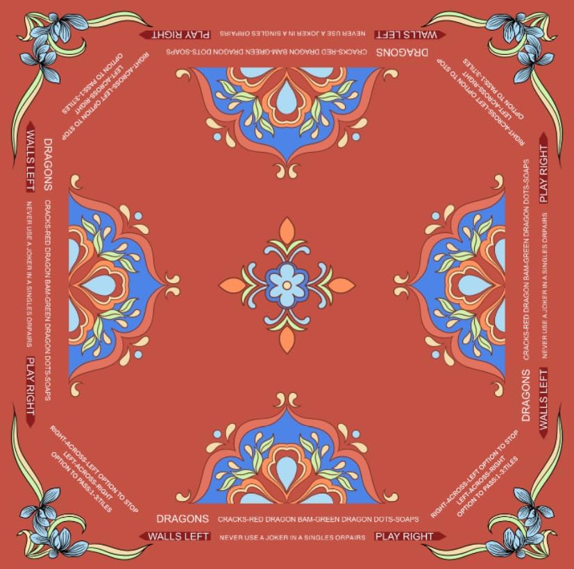 Mahjong Mat, 31.5x31.5 Inch Neoprene Gaming Surface with Rules, Red, Anti-Slip Noise Reduction Table Cover for Tiles and Cards, Includes Storage Bag