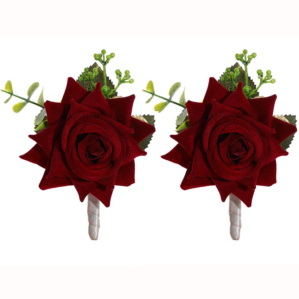 Campsis Wedding Boutonniere Red Rose Corsage Buttonholes Flower Groom Groomsman Best Man Wedding Flowers Accessories for Groom Groomsmen Prom (Red Wine)