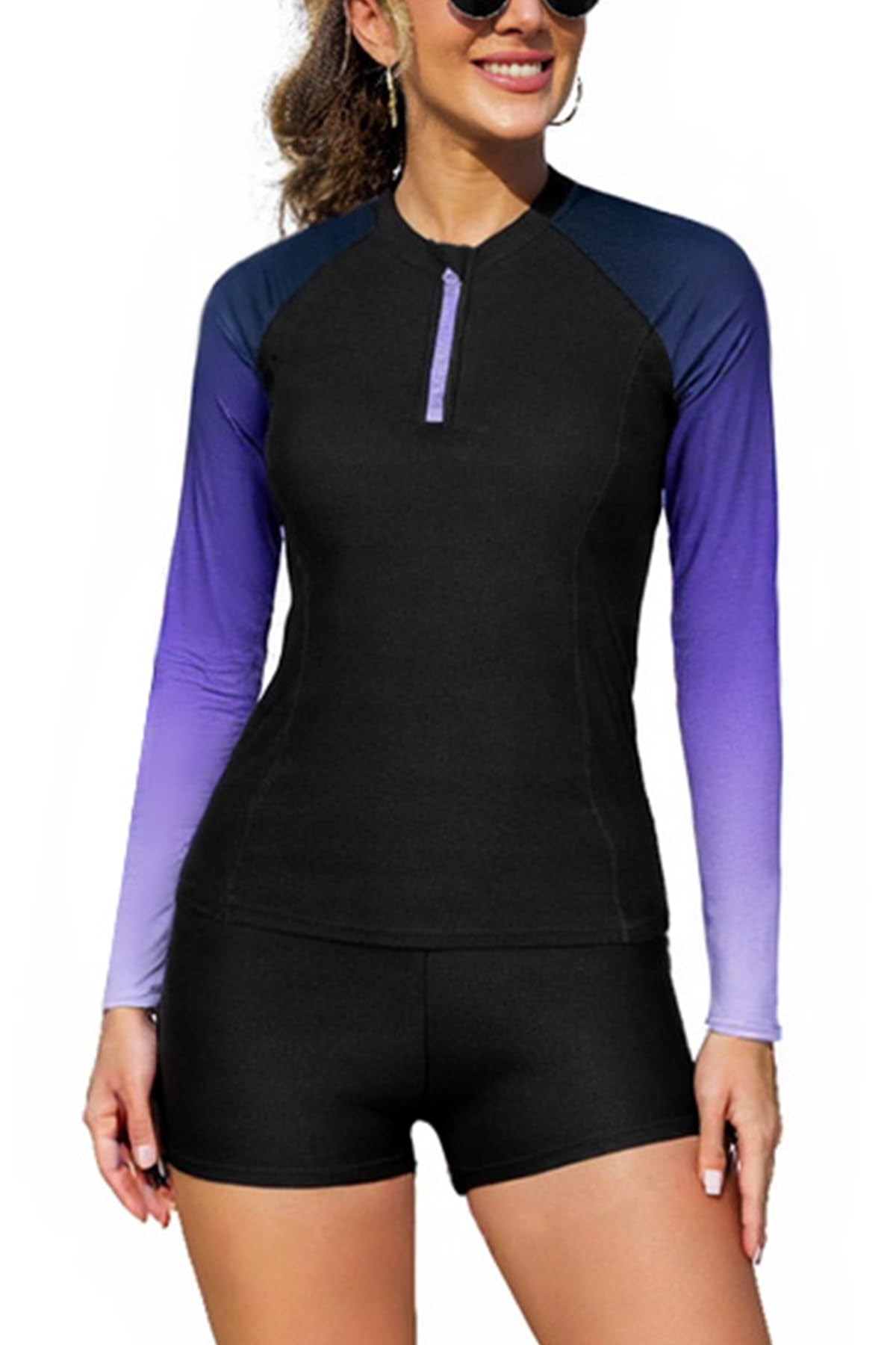 SHEKINI Frauen 2 Stück Langärmel Rash Guard Badeanzug Reißverschluss Schwimmhemd mit Boyshorts