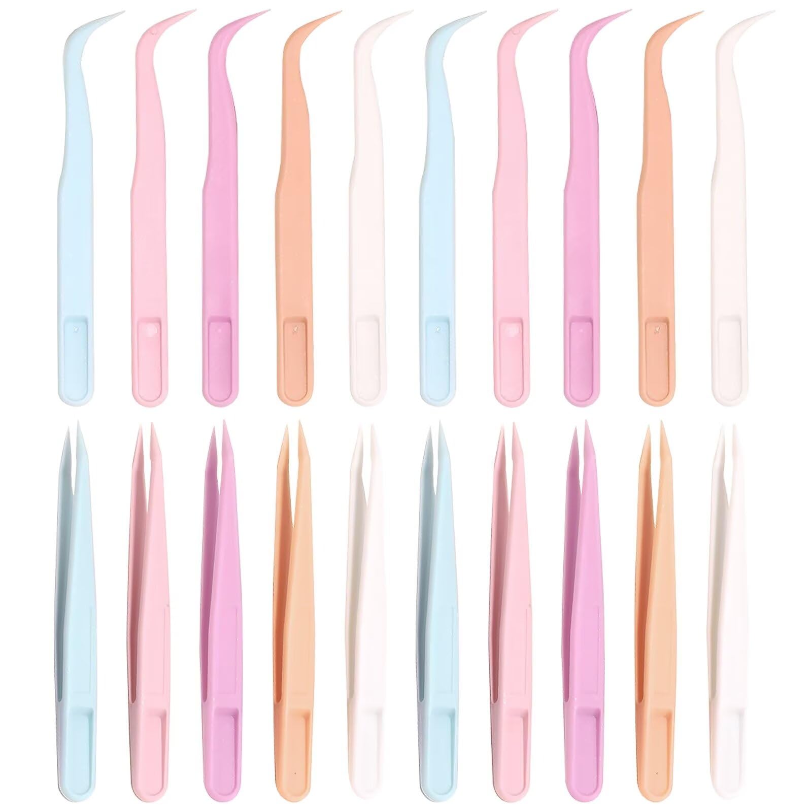 WOLMIK 20 Pcs Colorful Tweezers Plastic Tweezers for Crafts, Pickup, Straight & Curved Tips for Fine Motor Skills, Eyelash Extensions
