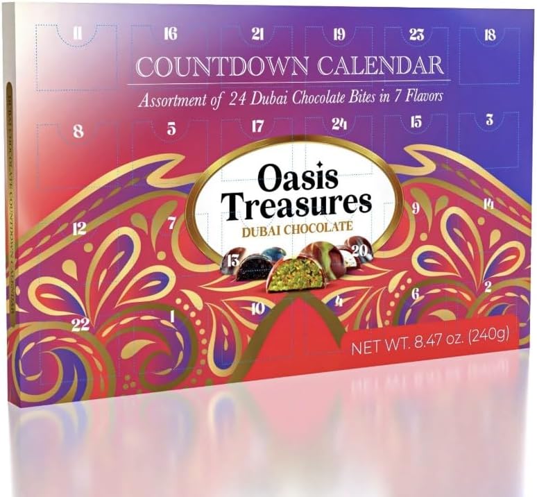 Gourmet Dubai Chocolate Advent Calendar by Oasis Treasures – 24-Day Countdown, 7 Assorted Gourmet Chocolate Flavors, Holiday Gift, 240g