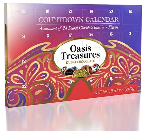 Gourmet Dubai Chocolate Advent Calendar by Oasis Treasures – 24-Day Countdown, 7 Assorted Gourmet Chocolate Flavors, Holiday Gift, 240g